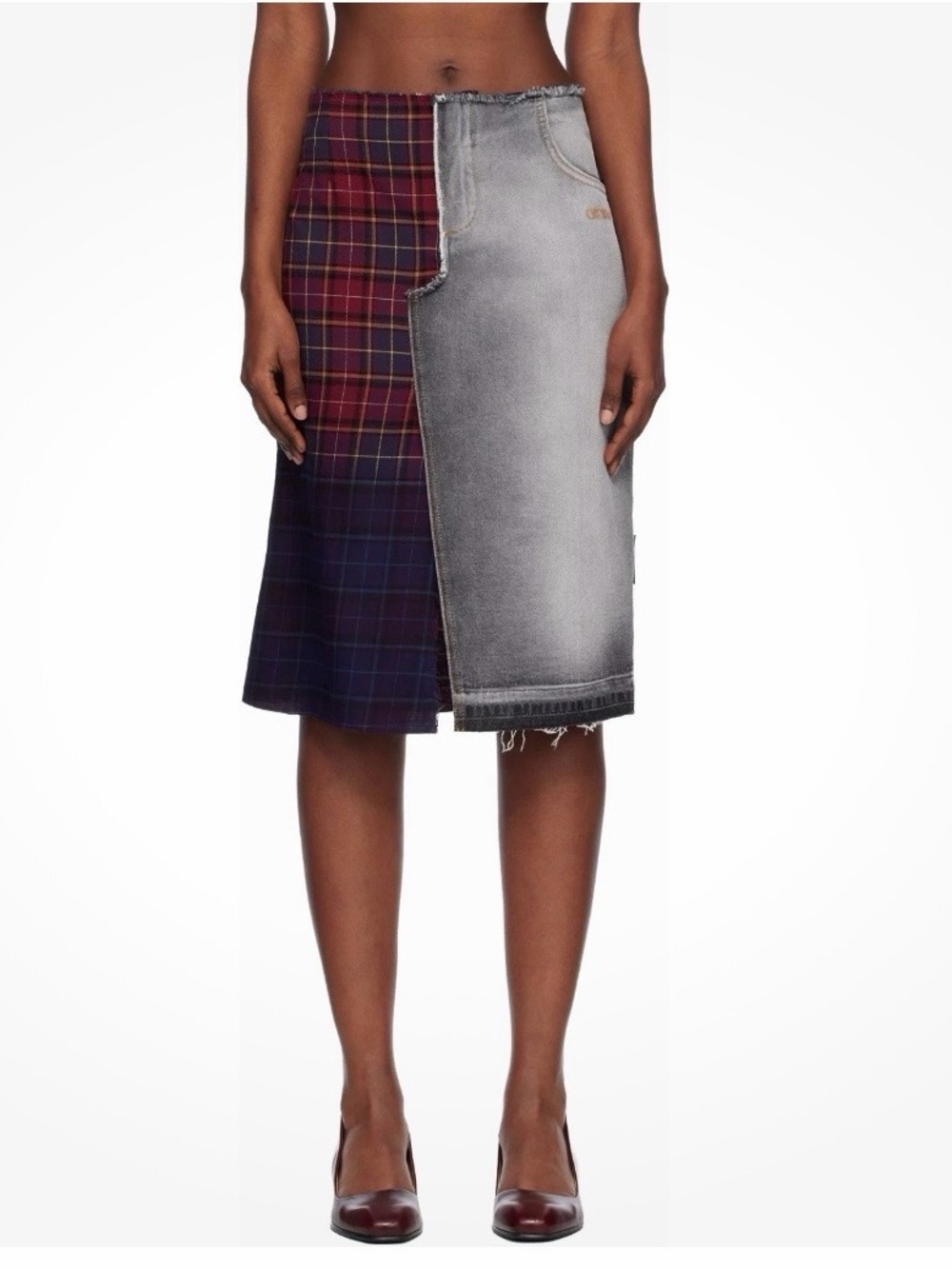 Off-White Plaid and Washed Denim Patchwork Midi Skirt - Burgundy/Gray